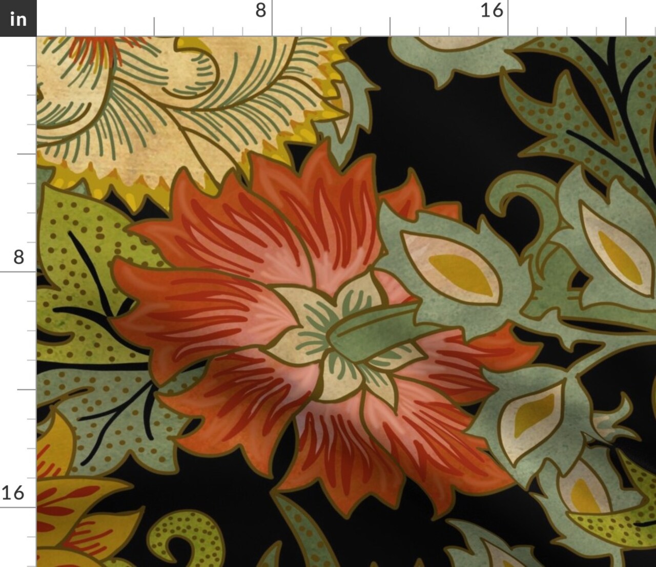 Art Nouveau Folk William Morris Arts And Crafts Black Floral Custom Printed Fabric by Spoonflower Various Fabrics by the Yard or Fat Quarter